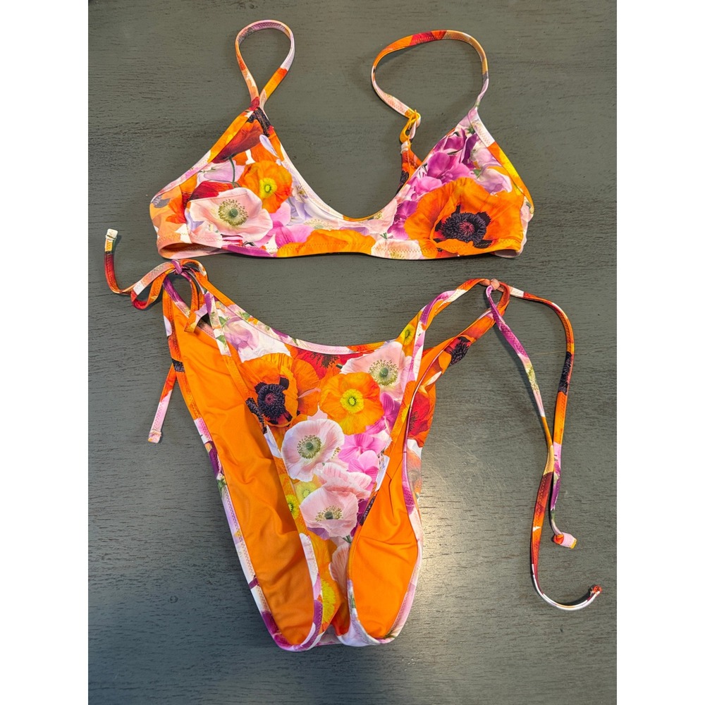 Aerie Real Good Floral Bikini Set Orange Pink Poppy Scoop Top Cheekiest Bottoms